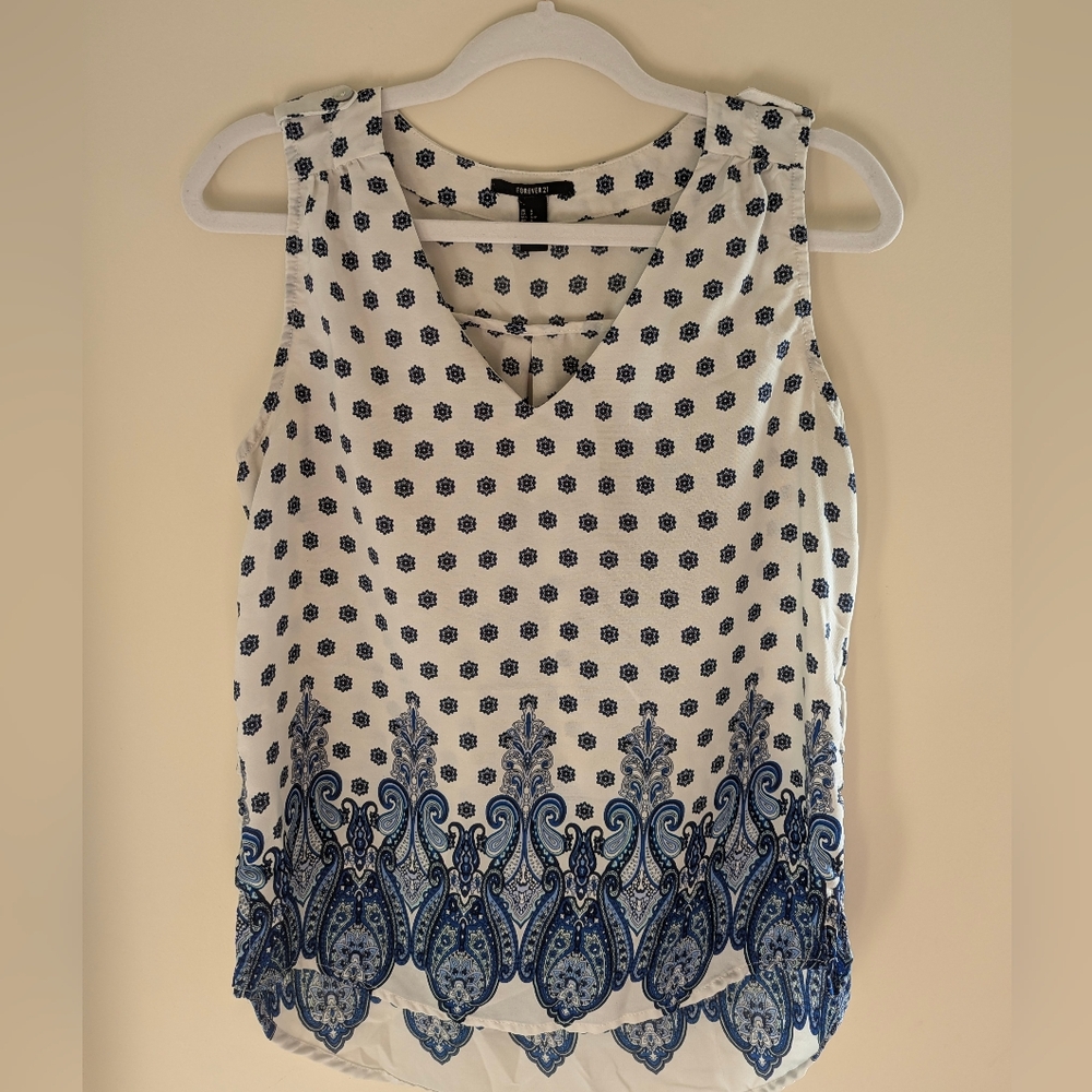 Forever 21 Boho Paisley Border Print Sleeveless Blouse | Blue White | Size S